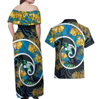 New Zealand Tui Bird Couples Matching Off Shoulder Maxi Dress and Hawaiian Shirt Maori Koru With Kowhai Flowers LT05 - Polynesian Pride