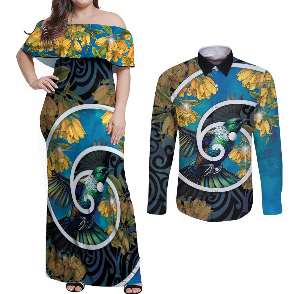 New Zealand Tui Bird Couples Matching Off Shoulder Maxi Dress and Long Sleeve Button Shirt Maori Koru With Kowhai Flowers LT05 Black - Polynesian Pride