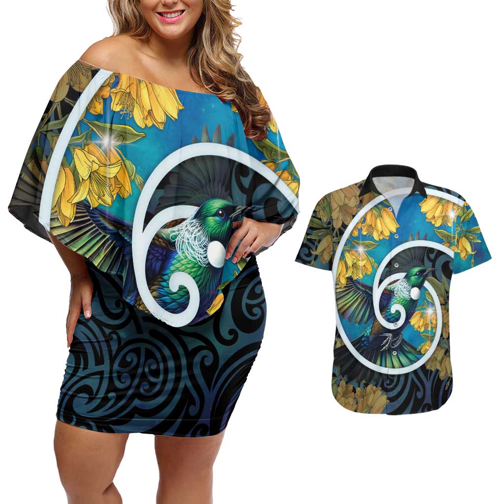 New Zealand Tui Bird Couples Matching Off Shoulder Short Dress and Hawaiian Shirt Maori Koru With Kowhai Flowers LT05 Black - Polynesian Pride