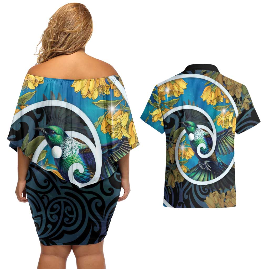 New Zealand Tui Bird Couples Matching Off Shoulder Short Dress and Hawaiian Shirt Maori Koru With Kowhai Flowers LT05 - Polynesian Pride