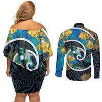 New Zealand Tui Bird Couples Matching Off Shoulder Short Dress and Long Sleeve Button Shirt Maori Koru With Kowhai Flowers LT05 - Polynesian Pride