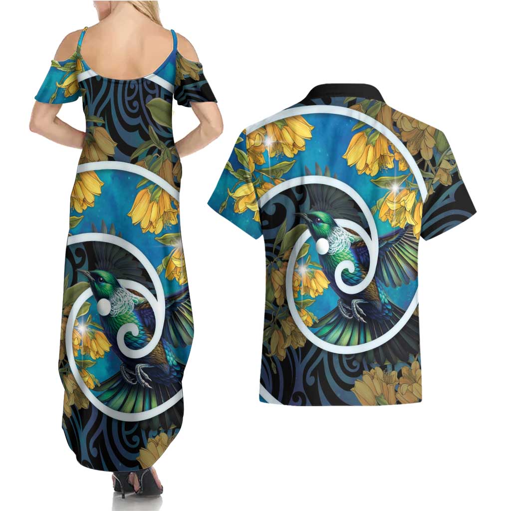 New Zealand Tui Bird Couples Matching Summer Maxi Dress and Hawaiian Shirt Maori Koru With Kowhai Flowers LT05 - Polynesian Pride