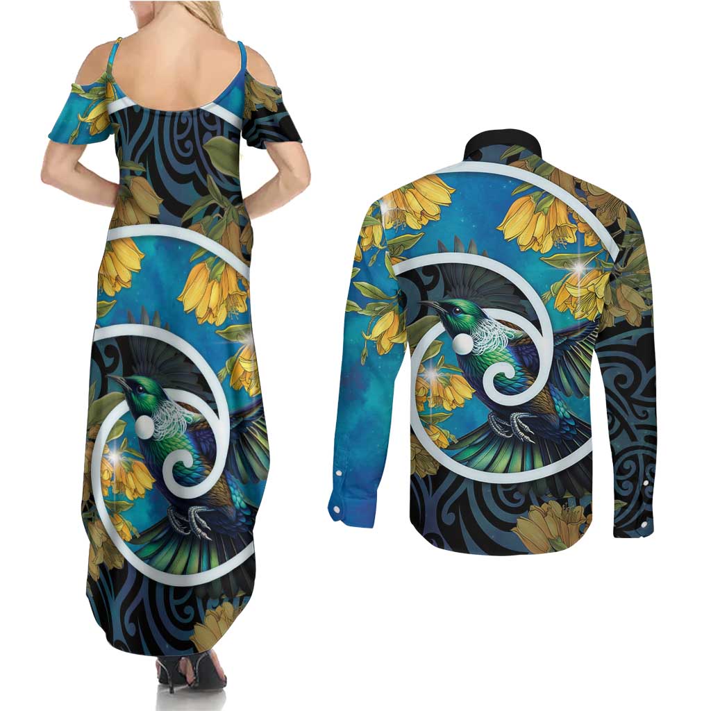 New Zealand Tui Bird Couples Matching Summer Maxi Dress and Long Sleeve Button Shirt Maori Koru With Kowhai Flowers LT05 - Polynesian Pride