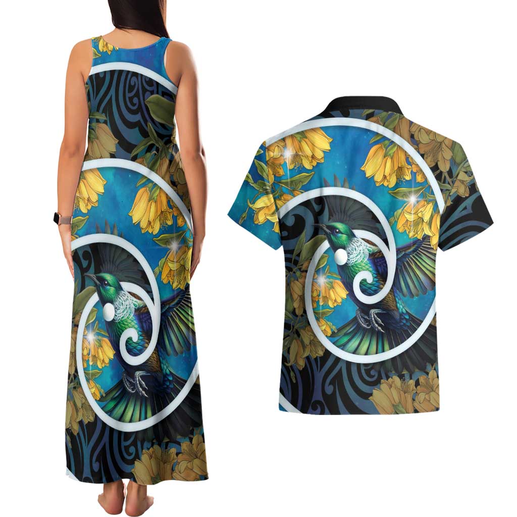 New Zealand Tui Bird Couples Matching Tank Maxi Dress and Hawaiian Shirt Maori Koru With Kowhai Flowers LT05 - Polynesian Pride