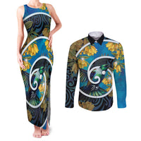 New Zealand Tui Bird Couples Matching Tank Maxi Dress and Long Sleeve Button Shirt Maori Koru With Kowhai Flowers LT05 Black - Polynesian Pride