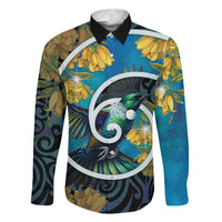 New Zealand Tui Bird Family Matching Mermaid Dress and Hawaiian Shirt Maori Koru With Kowhai Flowers LT05 Dad's Shirt - Long Sleeve Black - Polynesian Pride