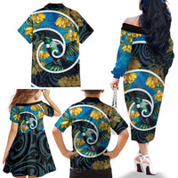 New Zealand Tui Bird Family Matching Off The Shoulder Long Sleeve Dress and Hawaiian Shirt Maori Koru With Kowhai Flowers LT05 - Polynesian Pride
