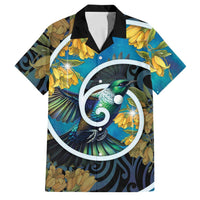 New Zealand Tui Bird Family Matching Off The Shoulder Long Sleeve Dress and Hawaiian Shirt Maori Koru With Kowhai Flowers LT05 Dad's Shirt - Short Sleeve Black - Polynesian Pride