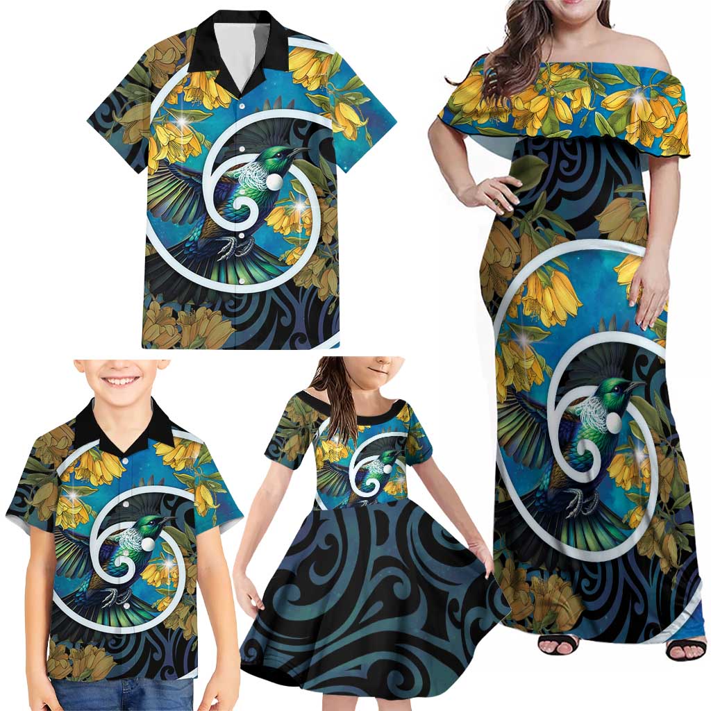New Zealand Tui Bird Family Matching Off Shoulder Maxi Dress and Hawaiian Shirt Maori Koru With Kowhai Flowers