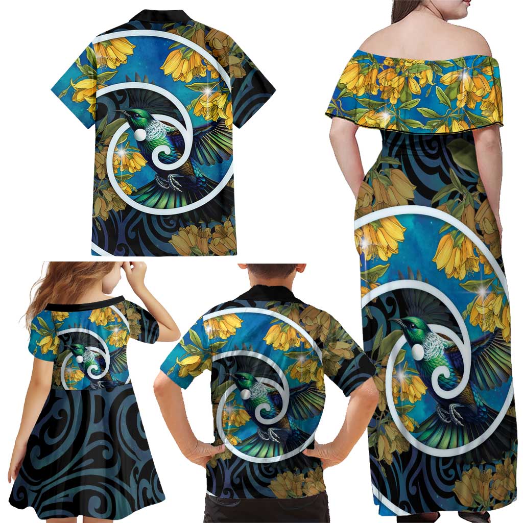 New Zealand Tui Bird Family Matching Off Shoulder Maxi Dress and Hawaiian Shirt Maori Koru With Kowhai Flowers LT05 - Polynesian Pride