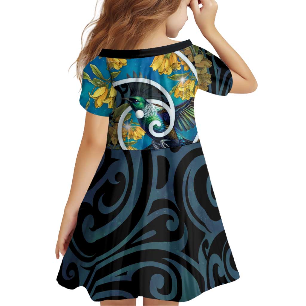 New Zealand Tui Bird Family Matching Off Shoulder Short Dress and Hawaiian Shirt Maori Koru With Kowhai Flowers LT05 - Polynesian Pride
