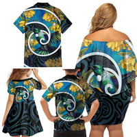 New Zealand Tui Bird Family Matching Off Shoulder Short Dress and Hawaiian Shirt Maori Koru With Kowhai Flowers LT05 - Polynesian Pride