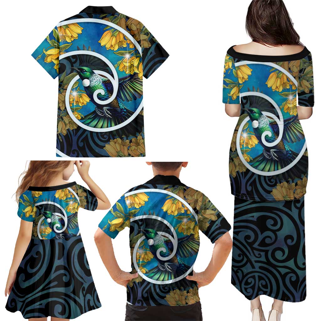 New Zealand Tui Bird Family Matching Puletasi and Hawaiian Shirt Maori Koru With Kowhai Flowers LT05 - Polynesian Pride