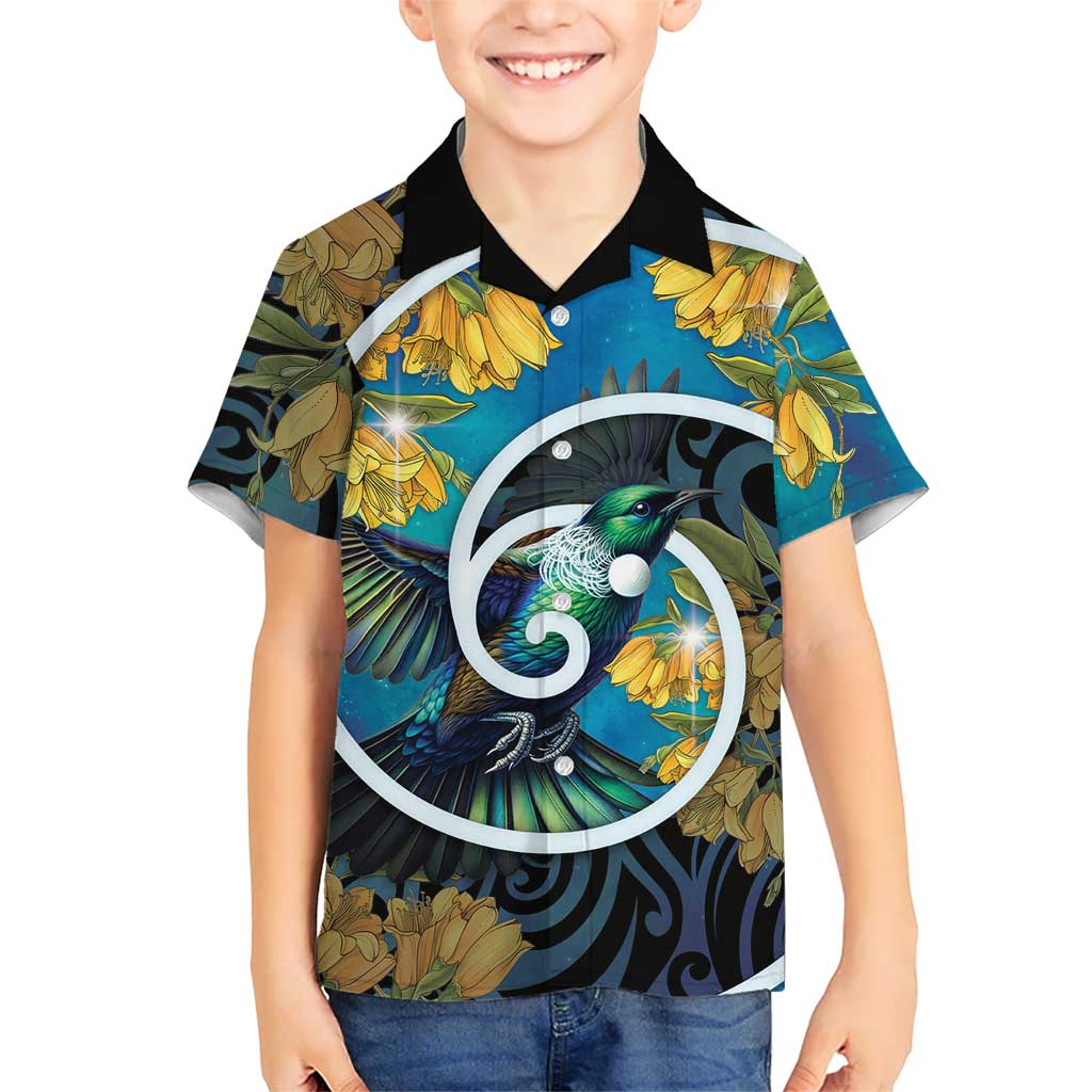 New Zealand Tui Bird Family Matching Puletasi and Hawaiian Shirt Maori Koru With Kowhai Flowers LT05 Son's Shirt Black - Polynesian Pride