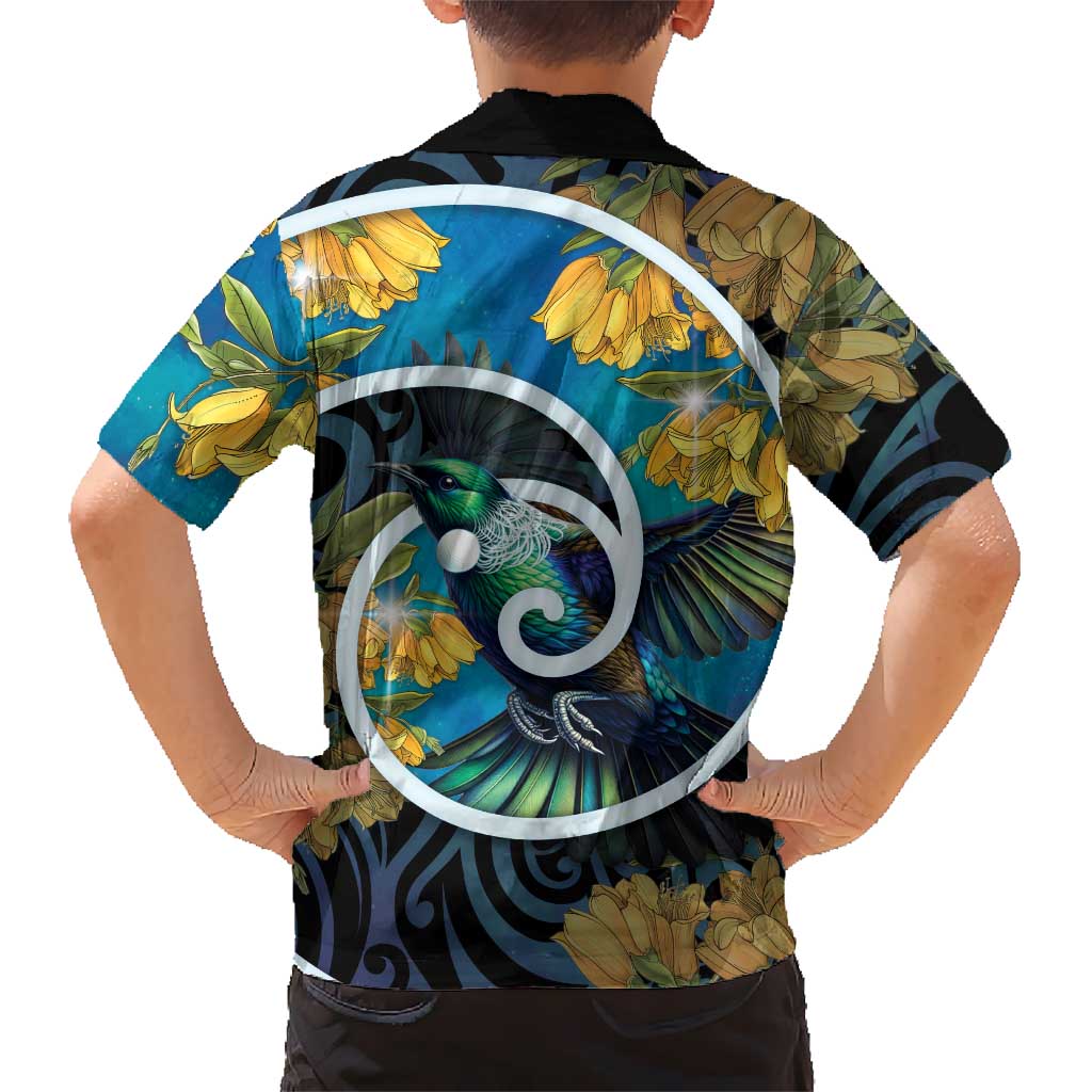New Zealand Tui Bird Family Matching Short Sleeve Bodycon Dress and Hawaiian Shirt Maori Koru With Kowhai Flowers LT05 - Polynesian Pride