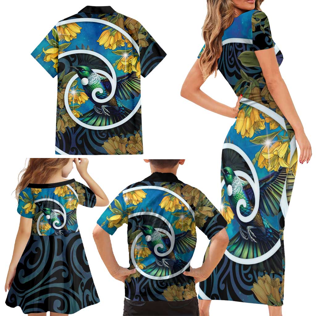New Zealand Tui Bird Family Matching Short Sleeve Bodycon Dress and Hawaiian Shirt Maori Koru With Kowhai Flowers LT05 - Polynesian Pride