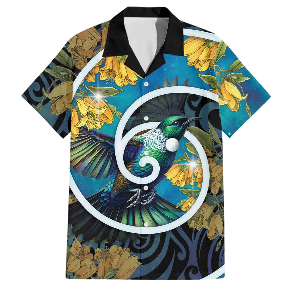 New Zealand Tui Bird Family Matching Summer Maxi Dress and Hawaiian Shirt Maori Koru With Kowhai Flowers LT05 Dad's Shirt - Short Sleeve Black - Polynesian Pride