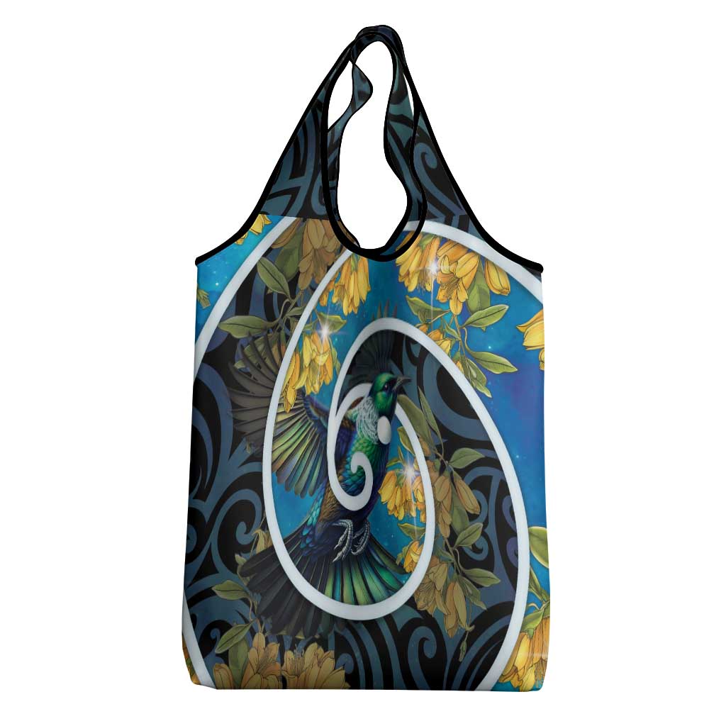New Zealand Tui Bird Grocery Bag Maori Koru With Kowhai Flowers