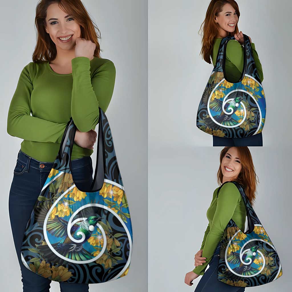 New Zealand Tui Bird Grocery Bag Maori Koru With Kowhai Flowers
