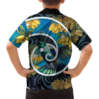 New Zealand Tui Bird Kid Hawaiian Shirt Maori Koru With Kowhai Flowers