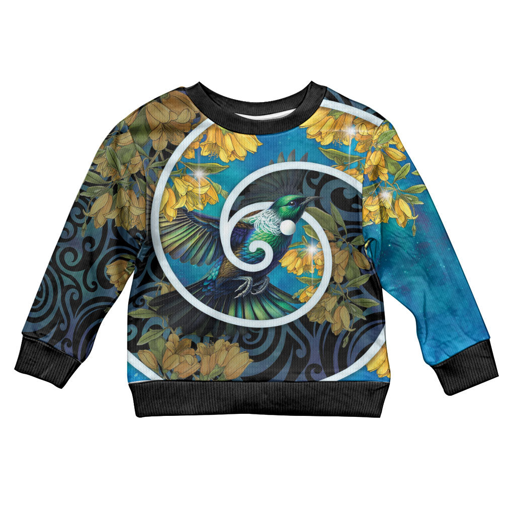 New Zealand Tui Bird Kid Ugly Christmas Sweater Maori Koru With Kowhai Flowers LT05 Kid Black - Polynesian Pride