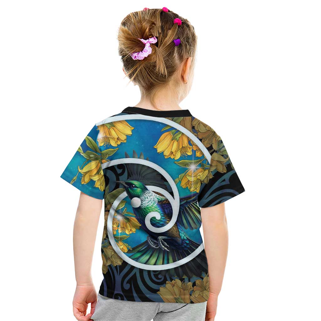 New Zealand Tui Bird Kid T Shirt Maori Koru With Kowhai Flowers