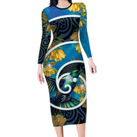 New Zealand Tui Bird Long Sleeve Bodycon Dress Maori Koru With Kowhai Flowers LT05 Long Dress Black - Polynesian Pride