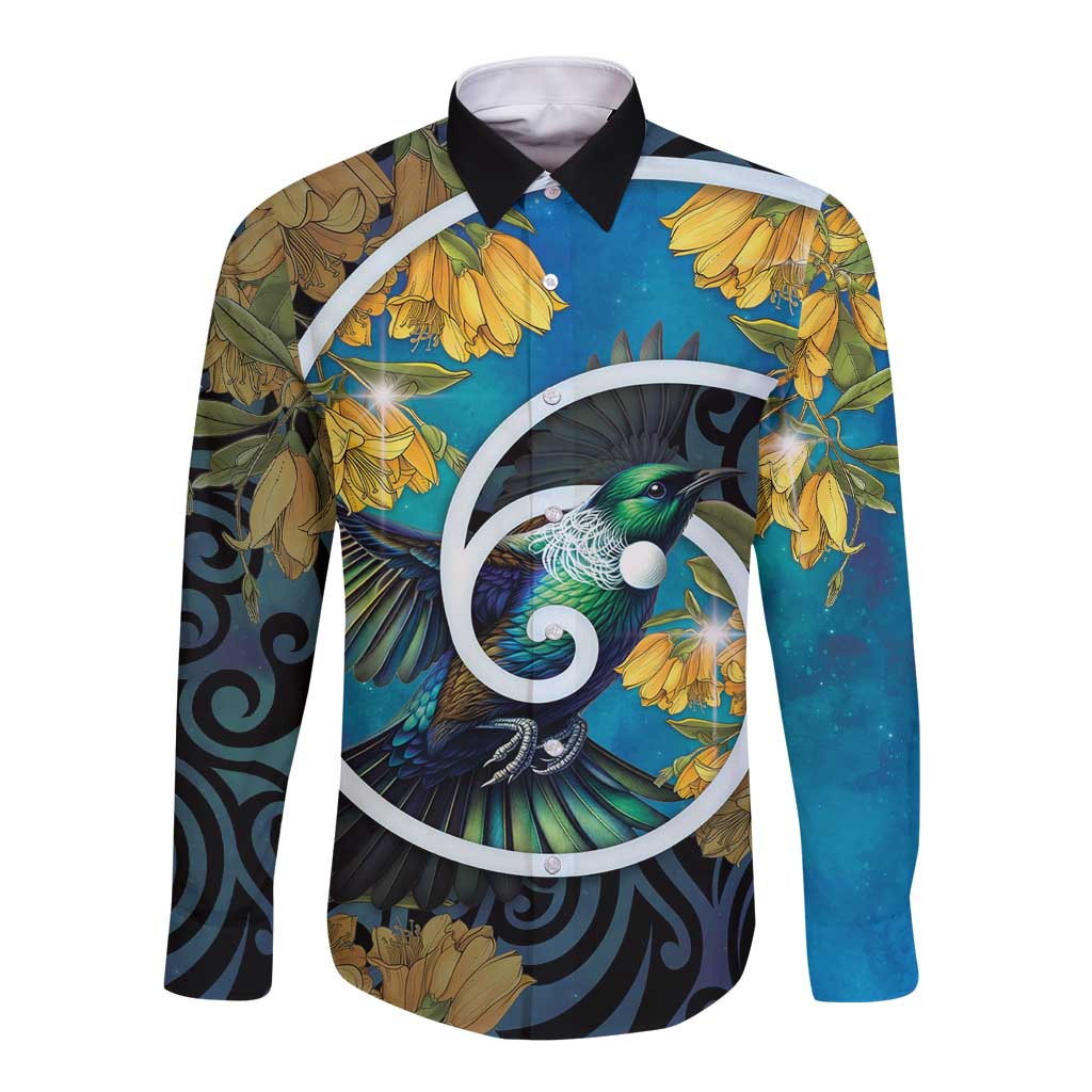 New Zealand Tui Bird Long Sleeve Button Shirt Maori Koru With Kowhai Flowers