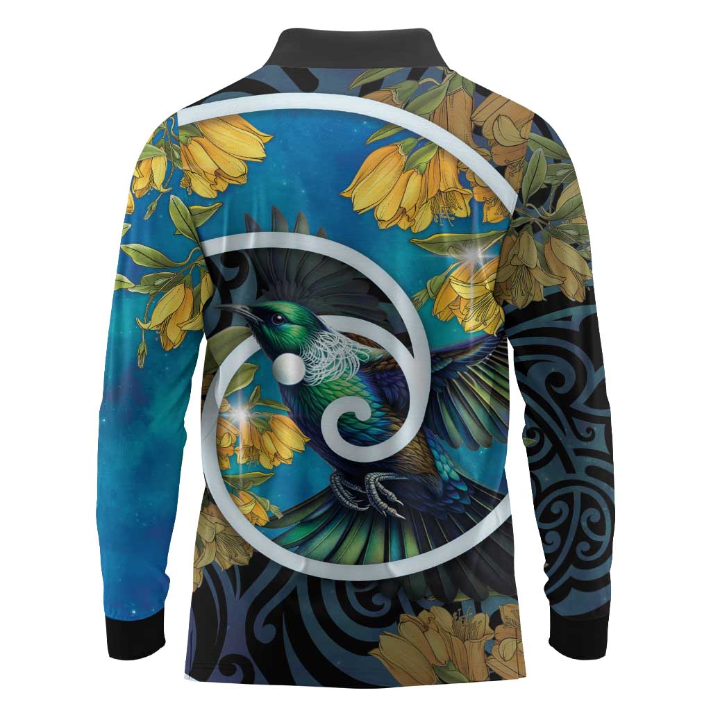 New Zealand Tui Bird Long Sleeve Polo Shirt Maori Koru With Kowhai Flowers LT05 - Polynesian Pride