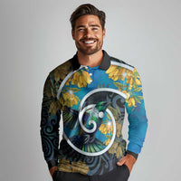 New Zealand Tui Bird Long Sleeve Polo Shirt Maori Koru With Kowhai Flowers LT05 - Polynesian Pride