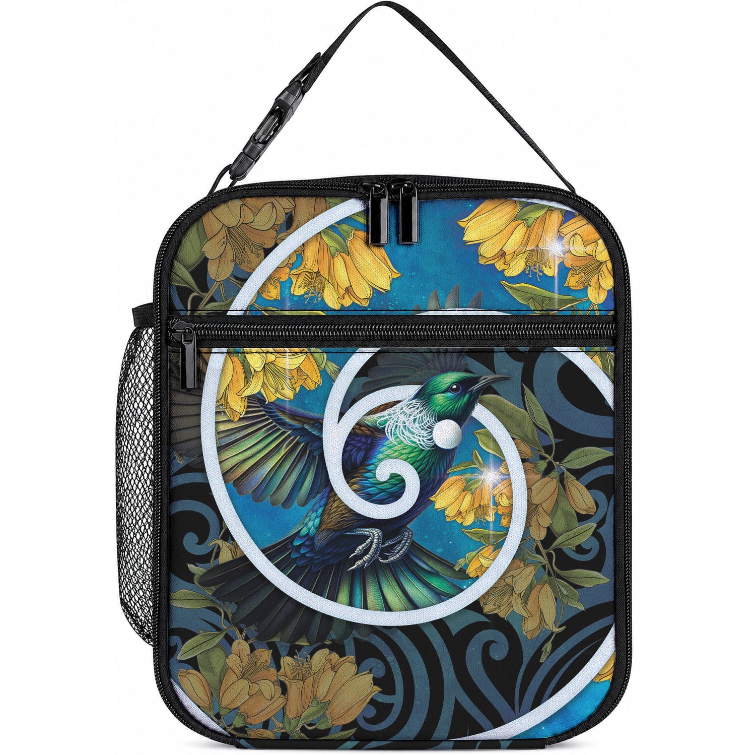 New Zealand Tui Bird Lunch Bag Maori Koru With Kowhai Flowers LT05 10.2 × 8.3 × 4.3 inch Black - Polynesian Pride