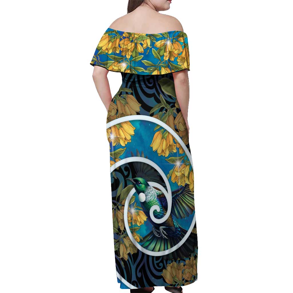 New Zealand Tui Bird Off Shoulder Maxi Dress Maori Koru With Kowhai Flowers