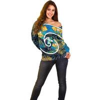 New Zealand Tui Bird Off Shoulder Sweater Maori Koru With Kowhai Flowers