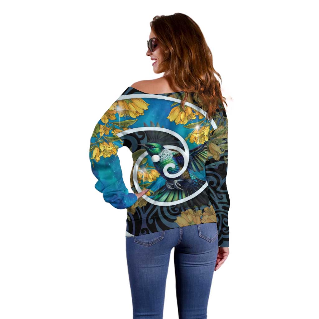 New Zealand Tui Bird Off Shoulder Sweater Maori Koru With Kowhai Flowers