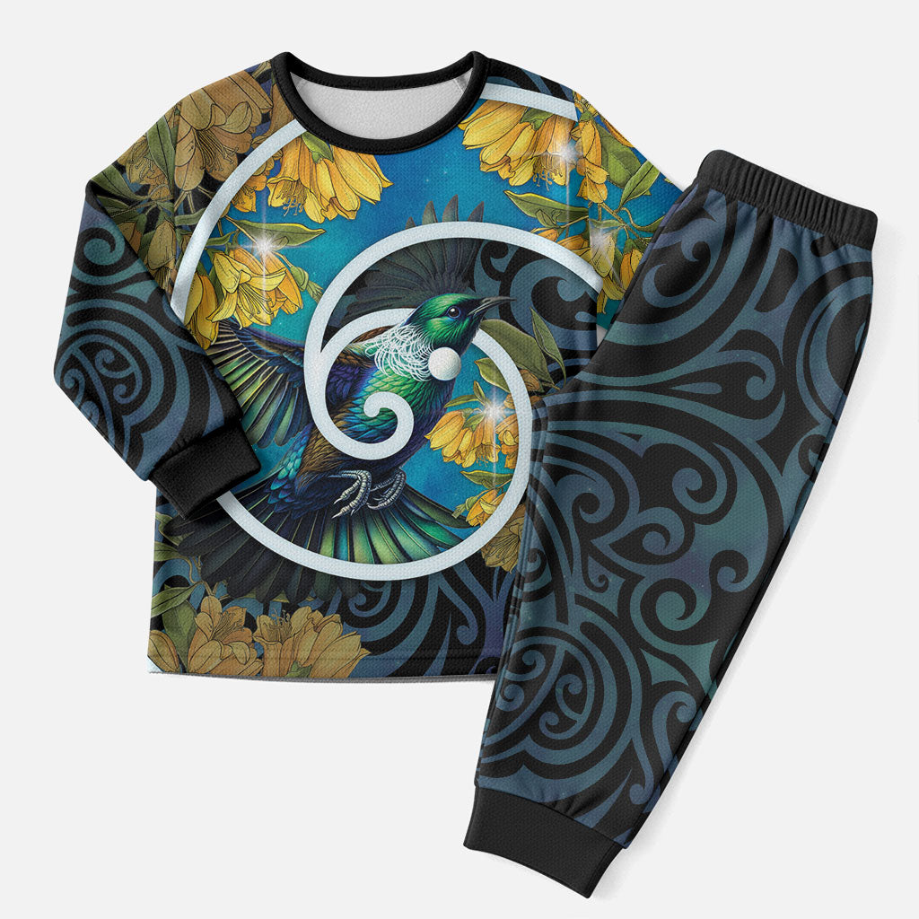 New Zealand Tui Bird Christmas Pajama Set Maori Koru With Kowhai Flowers LT05 Men Black - Polynesian Pride