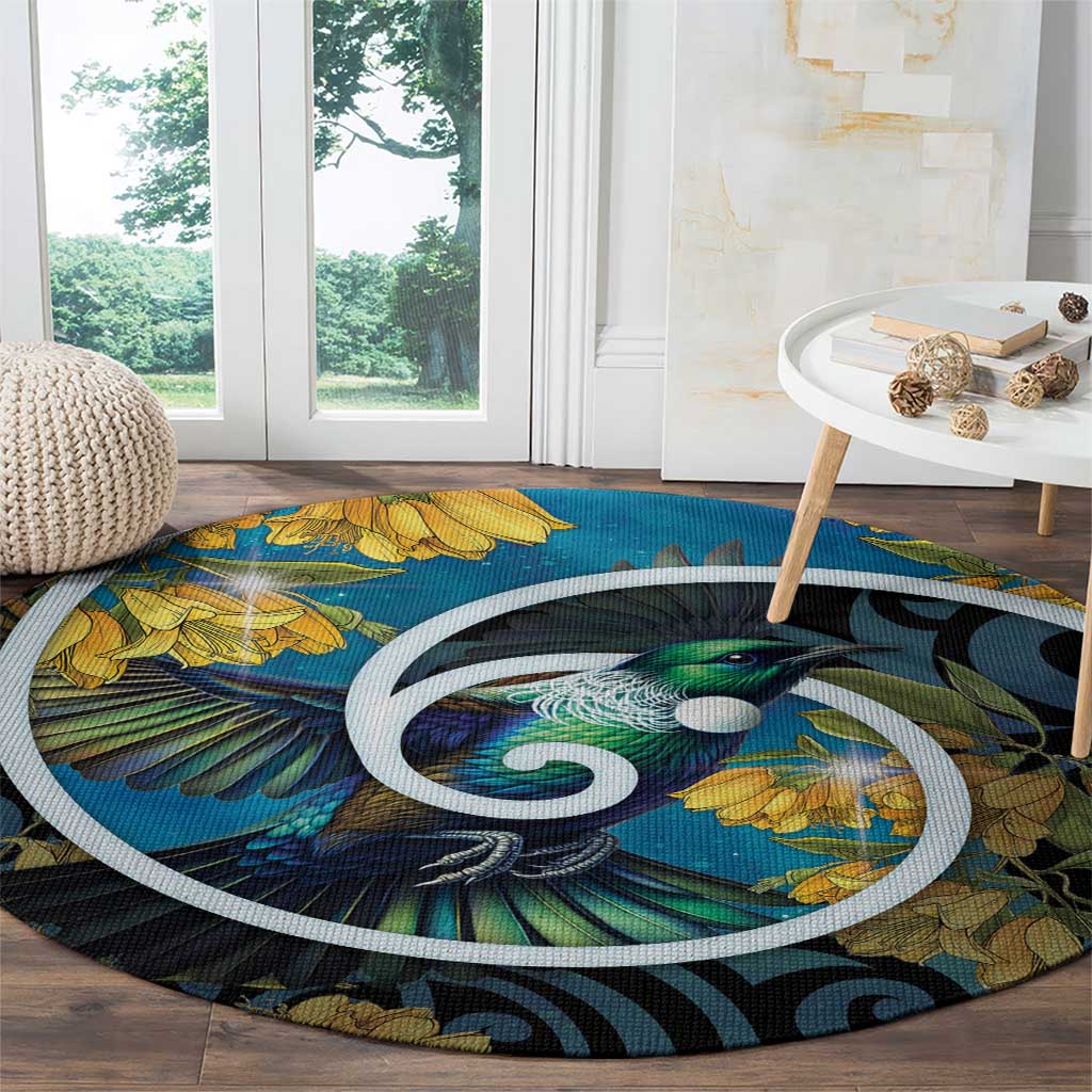 New Zealand Tui Bird Round Carpet Maori Koru With Kowhai Flowers
