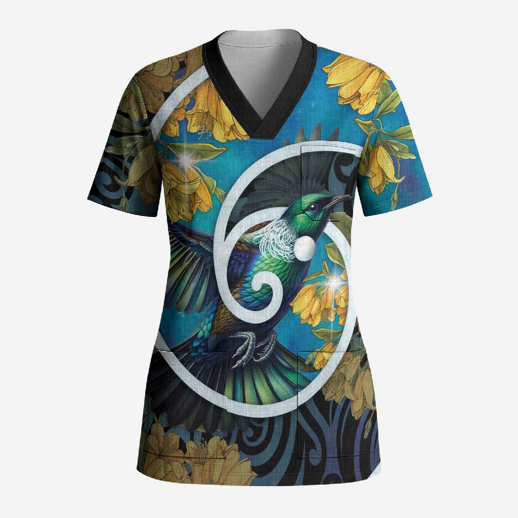 New Zealand Tui Bird Scrub Top Maori Koru With Kowhai Flowers