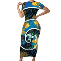 New Zealand Tui Bird Short Sleeve Bodycon Dress Maori Koru With Kowhai Flowers LT05 Long Dress Black - Polynesian Pride