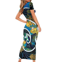 New Zealand Tui Bird Short Sleeve Bodycon Dress Maori Koru With Kowhai Flowers LT05 - Polynesian Pride