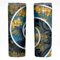 New Zealand Tui Bird Skinny Tumbler Maori Koru With Kowhai Flowers LT05 Black - Polynesian Pride