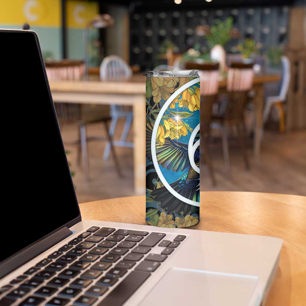 New Zealand Tui Bird Skinny Tumbler Maori Koru With Kowhai Flowers LT05 - Polynesian Pride