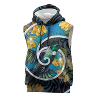 New Zealand Tui Bird Sleeveless Hoodie Maori Koru With Kowhai Flowers LT05 Black - Polynesian Pride