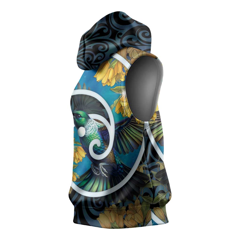 New Zealand Tui Bird Sleeveless Hoodie Maori Koru With Kowhai Flowers LT05 - Polynesian Pride