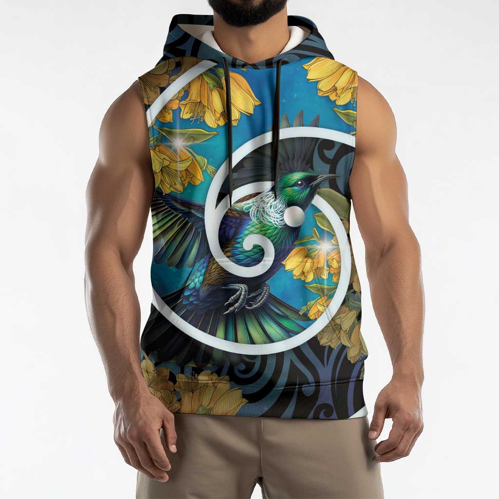 New Zealand Tui Bird Sleeveless Hoodie Maori Koru With Kowhai Flowers LT05 - Polynesian Pride