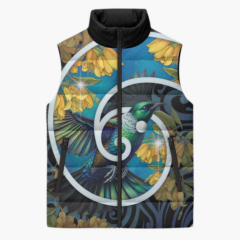 New Zealand Tui Bird Sleeveless Puffer Jacket Maori Koru With Kowhai Flowers