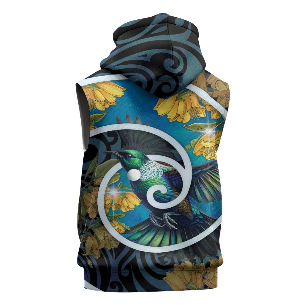 New Zealand Tui Bird Sleeveless Zip Hoodie Maori Koru With Kowhai Flowers LT05 - Polynesian Pride