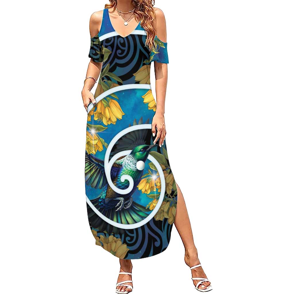 New Zealand Tui Bird Summer Maxi Dress Maori Koru With Kowhai Flowers