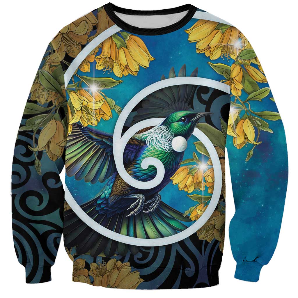 New Zealand Tui Bird Sweatshirt Maori Koru With Kowhai Flowers LT05 Unisex Black - Polynesian Pride