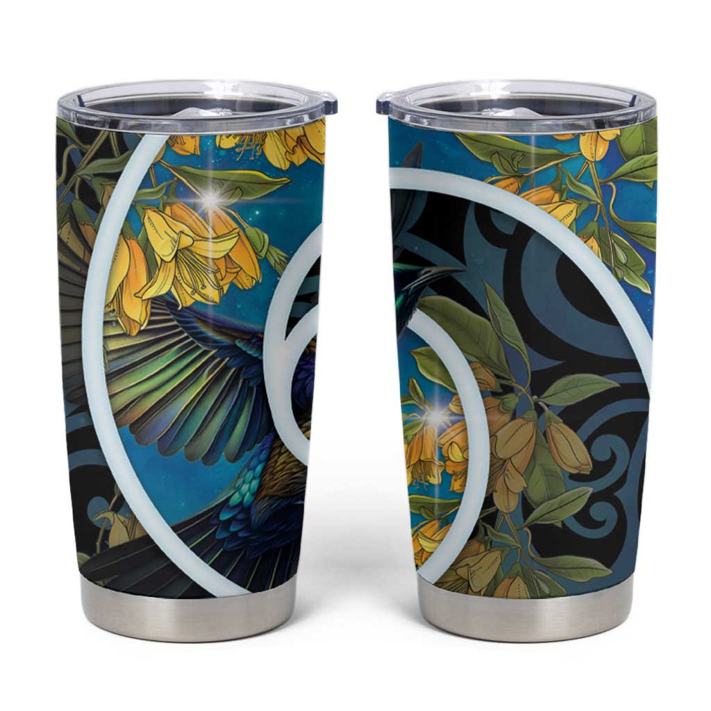 New Zealand Tui Bird Tumbler Cup Maori Koru With Kowhai Flowers