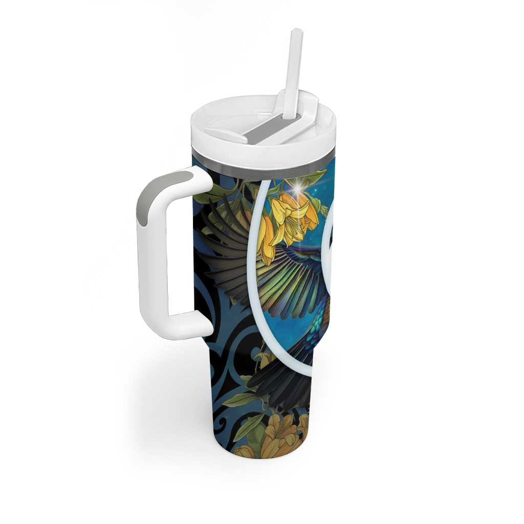 New Zealand Tui Bird Tumbler With Handle Maori Koru With Kowhai Flowers